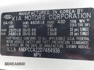 2013 Kia Sportage EX with VIN KNDPCCA22D7484936, listed as a IAAI auction lot 41921531 with 128,001 mi miles and . Bid and sale history available at DreamBid. Image 9.