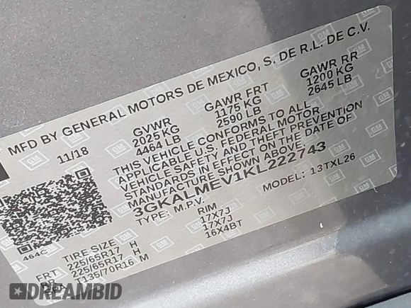 2019 GMC Terrain SLE with VIN 3GKALMEV1KL222743, listed as a IAAI auction lot 42161700 with 120,939 mi miles and . Bid and sale history available at DreamBid. Image 9.