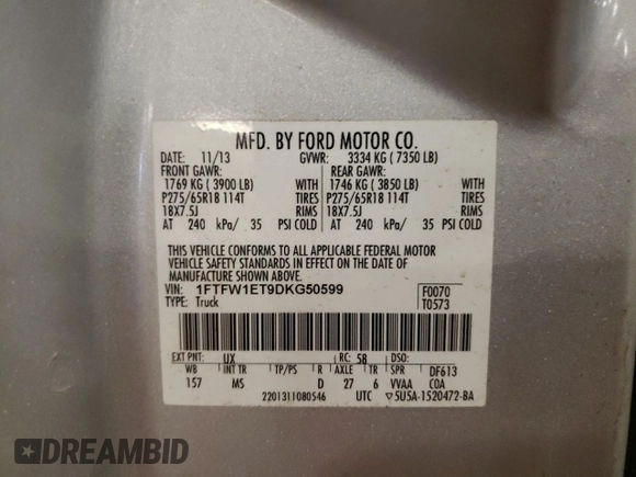 2013 Ford F-150 XL with VIN 1FTFW1ET9DKG50599, listed as a Copart auction lot 55136475 with 146,807 mi miles and Salvage Title. Bid and sale history available at carsss.com. Image 12.