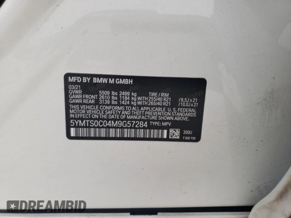 2021 BMW X3 M с VIN 5YMTS0C04M9G57284, выставлен на аукционе Copart как лот 79072684 с пробегом Не указан миль и Списание • Salvage title. История ставок и продаж доступна на DreamBid. Изображение 13.