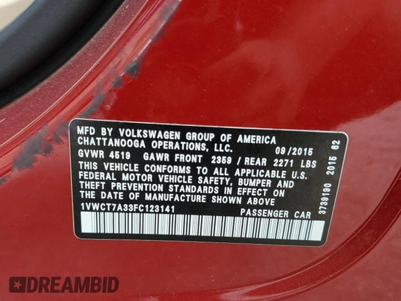 2015 Volkswagen Passat SEL Premium with VIN 1VWCT7A33FC123141, listed as a Copart auction lot 53284595 with 87,450 mi miles and Salvage title. Bid and sale history available at DreamBid. Image 14.