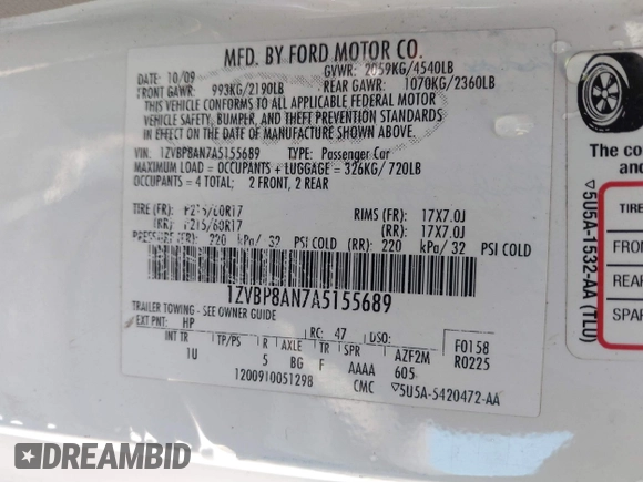 2010 Ford Mustang V6 with VIN 1ZVBP8AN7A5155689, listed as a IAAI auction lot 41775195 with 179,353 mi miles and . Bid and sale history available at DreamBid. Image 9.
