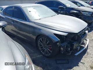 2018 Infiniti Q50 Red Sport 400 with VIN JN1FV7AR7JM481671, listed as a IAAI auction lot 42529361 with 84,454 mi miles and . Bid and sale history available at DreamBid. Image 1.