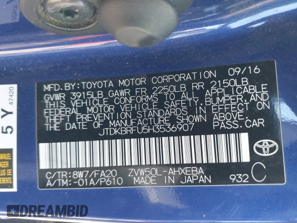 2017 Toyota Prius Two с VIN JTDKBRFU5H3536907, выставлен на аукционе IAAI как лот 42346853 с пробегом 194 074 миль миль и . История ставок и продаж доступна на DreamBid. Изображение 9.