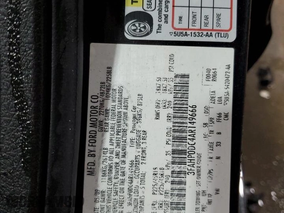 2010 Ford Fusion SPORT with VIN 3FAHP0DC4AR149666, listed as a Copart auction lot 42149805 with 213,925 mi miles and Salvage Title. Bid and sale history available at carsss.com. Image 12.