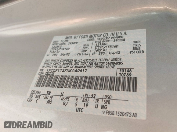 1999 Ford F-150 with VIN 1FTZF1727XKA60617, listed as a IAAI auction lot 41980403 with 98,481 mi miles and . Bid and sale history available at DreamBid. Image 9.