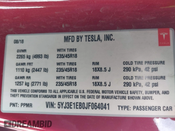 2018 Tesla Model 3 Long Range Battery with VIN 5YJ3E1EB0JF064041, listed as a IAAI auction lot 41562239 with 54,720 mi miles and . Bid and sale history available at DreamBid. Image 9.