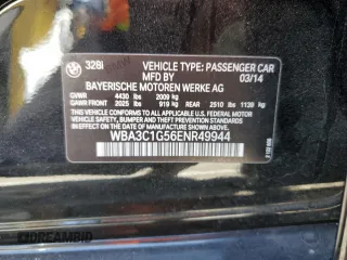 2014 BMW 3 Series 328i with VIN WBA3C1G56ENR49944, listed as a Copart auction lot 60330895 with 50,692 mi miles and Salvage title. Bid and sale history available at DreamBid. Image 12.