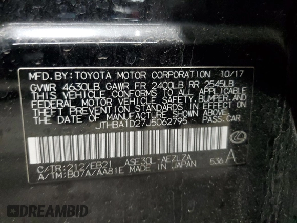 2018 Lexus IS 300 z VIN JTHBA1D27J5062795, wystawiony jako Copart lot #57393965 z przebiegiem 44 532 mil mil oraz Szkoda całkowita • Salvage title. Historia ofert i sprzedaży dostępna na DreamBid. Obrazek 12.