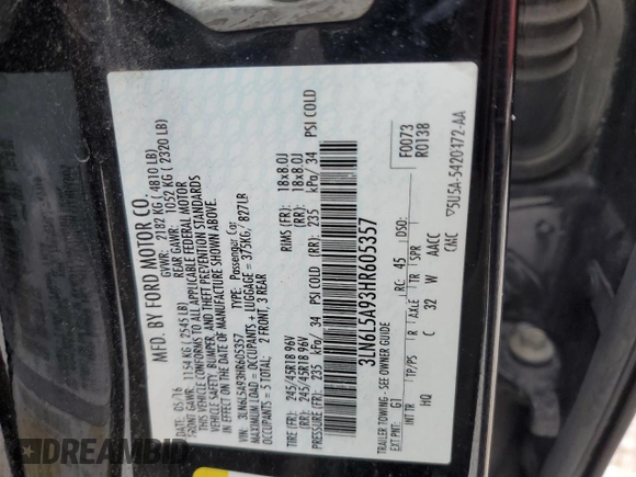 2017 Lincoln MKZ Premiere with VIN 3LN6L5A93HR605357, listed as a Copart auction lot 42204845 with 170,028 mi miles and Salvage title. Bid and sale history available at DreamBid. Image 12.