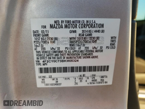2011 Mazda Tribute Touring with VIN 4F2CY0C73BKM05324, listed as a Copart auction lot 48616125 with 97,376 mi miles and Salvage Title. Bid and sale history available at carsss.com. Image 13.
