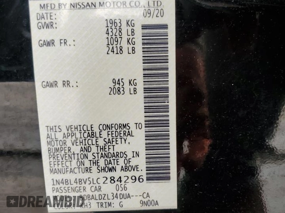 2020 Nissan Altima S with VIN 1N4BL4BV5LC284296, listed as a Copart auction lot 58812365 with 80,557 mi miles and Salvage title. Bid and sale history available at DreamBid. Image 12.