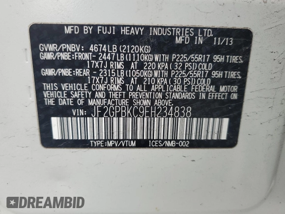 2014 Subaru Crosstrek Touring z VIN JF2GPBKC9EH234838, wystawiony jako Copart lot #55550235 z przebiegiem 151 475 mil mil oraz Nie do naprawy • Non repairable. Historia ofert i sprzedaży dostępna na DreamBid. Obrazek 15.