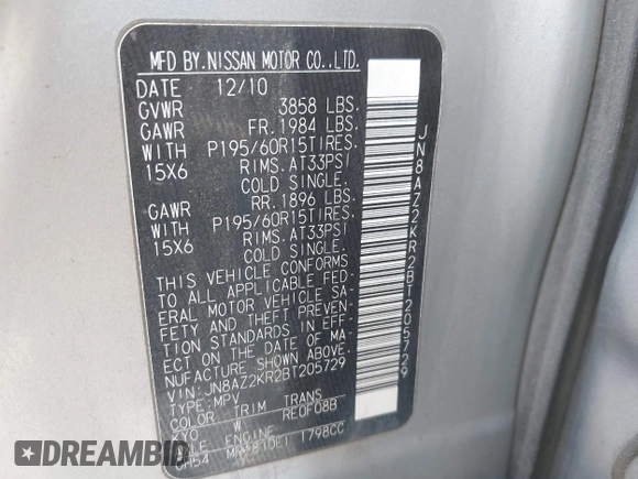 2011 Nissan Cube 1.8 SL with VIN JN8AZ2KR2BT205729, listed as a IAAI auction lot 42028429 with 98,694 mi miles. Bid and sale history available at carsss.com. Image 9.