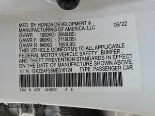 2022 Honda Insight EX with VIN 19XZE4F58NE016724, listed as a Copart auction lot 53525805 with 69,389 mi miles and Salvage Title. Bid and sale history available at DreamBid. Image 12.