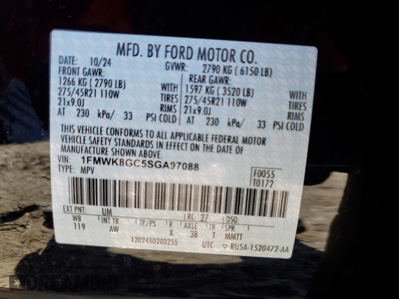 2025 Ford Explorer ST with VIN 1FMWK8GC5SGA97088, listed as a Copart auction lot 45224965 with 625 mi miles and Salvage Title. Bid and sale history available at carsss.com. Image 14.
