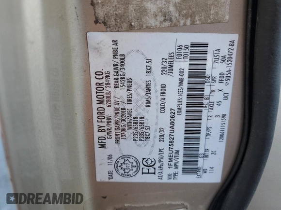 2007 Ford Explorer Limited с VIN 1FMEU75827UA80627, выставлен на аукционе Copart как лот 45568155 с пробегом 184 550 миль миль и Списание • Salvage title. История ставок и продаж доступна на DreamBid. Изображение 15.