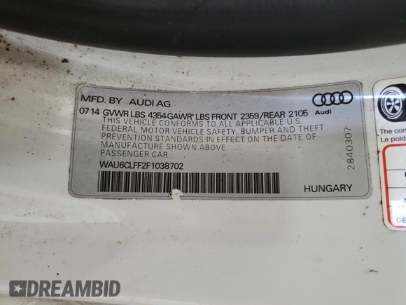 2015 Audi A3 1.8T Premium with VIN WAU6CLFF2F1038702, listed as a Copart auction lot 43810135 with 0 mi miles and Clean Title. Bid and sale history available at carsss.com. Image 12.