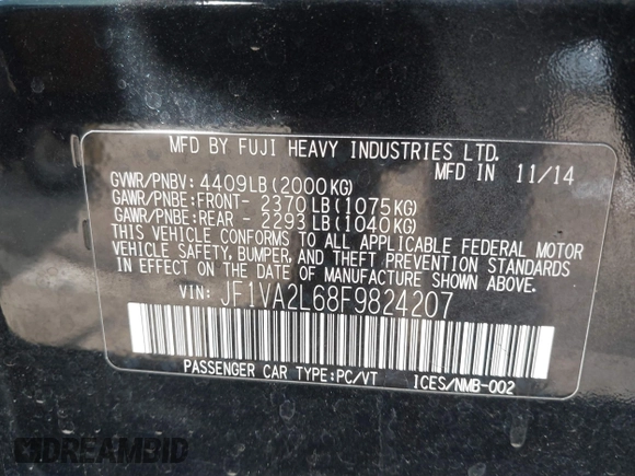 2015 Subaru WRX STI with VIN JF1VA2L68F9824207, listed as a IAAI auction lot 41637409 with 95,332 mi miles and . Bid and sale history available at DreamBid. Image 9.