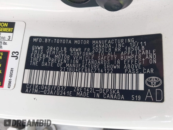 2011 Toyota Corolla L with VIN 2T1BU4EE8BC714122, listed as a IAAI auction lot 42073121 with 221,176 mi miles. Bid and sale history available at carsss.com. Image 9.