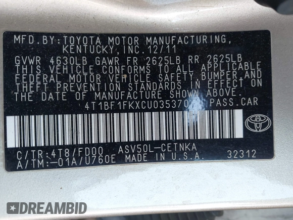2012 Toyota Camry L z VIN 4T1BF1FKXCU035370, wystawiony jako IAAI lot #42073640 z przebiegiem 145 335 mil mil oraz . Historia ofert i sprzedaży dostępna na DreamBid. Obrazek 9.