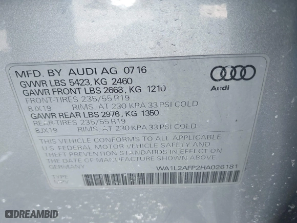 2017 Audi Q5 Premium Plus with VIN WA1L2AFP2HA026181, listed as a IAAI auction lot 41357907 with 109,733 mi miles. Bid and sale history available at carsss.com. Image 9.