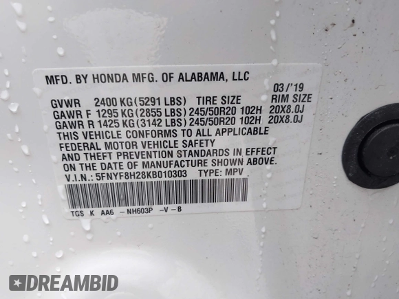 2019 Honda Passport Sport with VIN 5FNYF8H28KB010303, listed as a IAAI auction lot 42178541 with 37,593 mi miles and . Bid and sale history available at DreamBid. Image 9.