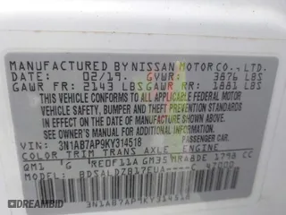 2019 Nissan Sentra SR with VIN 3N1AB7AP9KY314518, listed as a IAAI auction lot 41956191 with 62,887 mi miles. Bid and sale history available at carsss.com. Image 9.