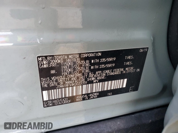 2019 Toyota RAV4 XLE Premium with VIN JTMA1RFV4KD033359, listed as a Copart auction lot 43921575 with 63,185 mi miles and Non Repairable. Bid and sale history available at carsss.com. Image 13.