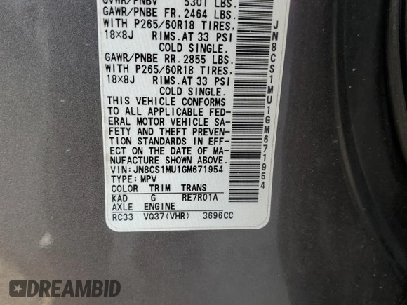 2016 Infiniti QX70 with VIN JN8CS1MU1GM671954, listed as a Copart auction lot 52719215 with Not Provided miles and Salvage Title. Bid and sale history available at DreamBid. Image 12.