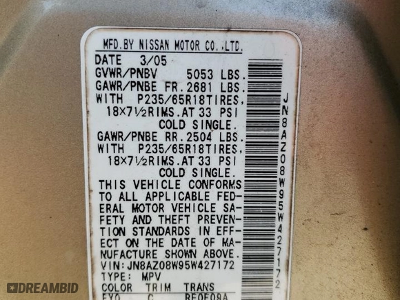 2005 Nissan Murano S with VIN JN8AZ08W95W427172, listed as a Copart auction lot 76733054 with 51,053 mi miles and Clean Title. Bid and sale history available at carsss.com. Image 13.