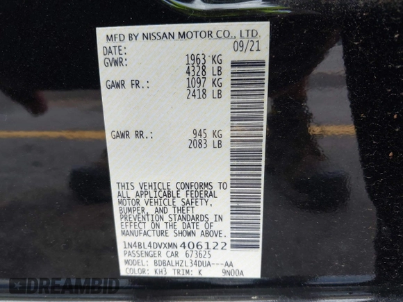 2021 Nissan Altima SV with VIN 1N4BL4DVXMN406122, listed as a IAAI auction lot 42512160 with 54,945 mi miles and . Bid and sale history available at DreamBid. Image 9.