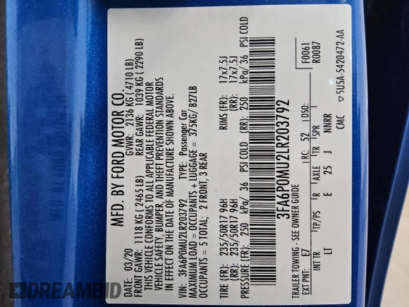 2020 Ford Fusion Hybrid SEL with VIN 3FA6P0MU2LR203792, listed as a Copart auction lot 48302105 with 83,383 mi miles and Clean Title. Bid and sale history available at carsss.com. Image 12.