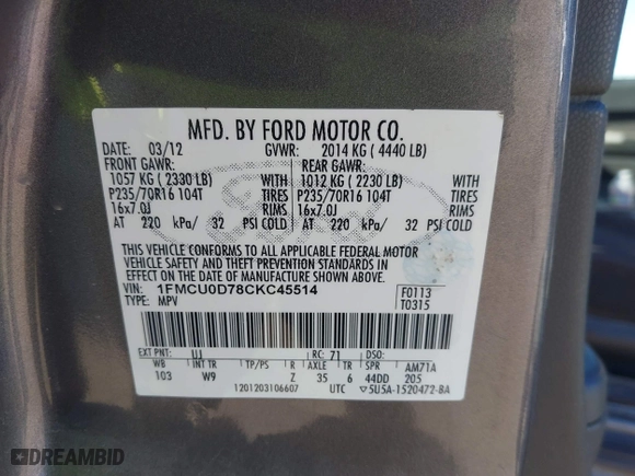 2012 Ford Escape XLT with VIN 1FMCU0D78CKC45514, listed as a IAAI auction lot 41937043 with 162,601 mi miles. Bid and sale history available at carsss.com. Image 9.