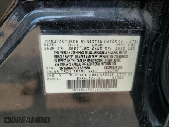 2012 Nissan Sentra SR with VIN 3N1AB6AP2CL622560, listed as a Copart auction lot 58856725 with 132,970 mi miles and Salvage title. Bid and sale history available at DreamBid. Image 12.