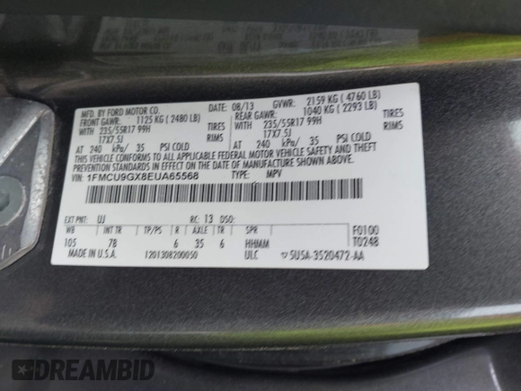 2014 Ford Escape SE with VIN 1FMCU9GX8EUA65568, listed as a IAAI auction lot 42435114 with 128,278 mi miles and . Bid and sale history available at DreamBid. Image 9.