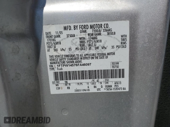 2006 Ford F-150 XLT with VIN 1FTPW14576FA46097, listed as a Copart auction lot 62087385 with 261,600 mi miles and Clean title. Bid and sale history available at DreamBid. Image 12.