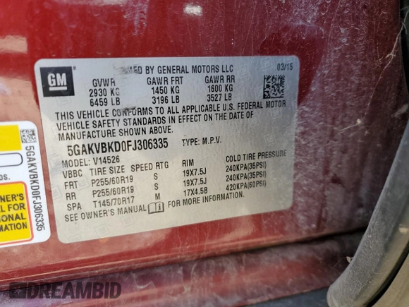2015 Buick Enclave Leather with VIN 5GAKVBKD0FJ306335, listed as a Copart auction lot 50154635 with 138,239 mi miles and Salvage Title. Bid and sale history available at carsss.com. Image 13.