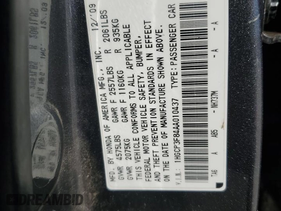 2010 Honda Accord Sdn EX-L with VIN 1HGCP3F84AA010437, listed as a Copart auction lot 52209725 with 177,854 mi miles and Salvage Title. Bid and sale history available at carsss.com. Image 12.