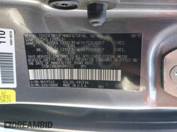 2017 Toyota Sienna LE Auto Access Seat with VIN 5TDKZ3DC0HS884552, listed as a Copart auction lot 54776825 with 59,262 mi miles and Salvage title. Bid and sale history available at DreamBid. Image 13.