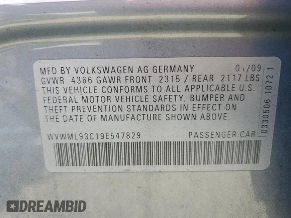 2009 Volkswagen CC with VIN WVWML93C19E547829, listed as a Copart auction lot 71481094 with 159,341 mi miles and Salvage Title. Bid and sale history available at DreamBid. Image 12.
