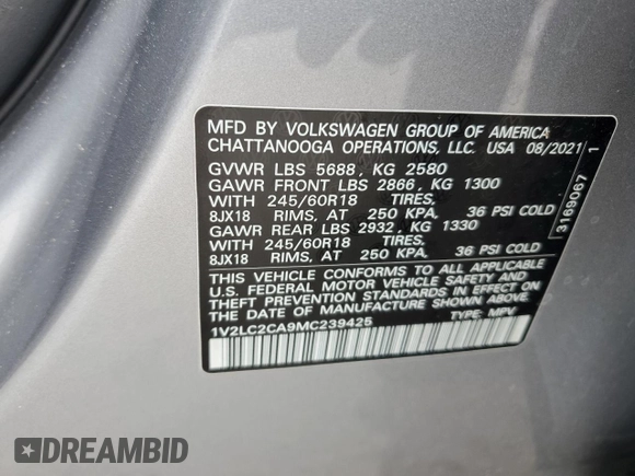 2021 Volkswagen Atlas SE with VIN 1V2LC2CA9MC239425, listed as a Copart auction lot 86794114 with 41,327 mi miles and Salvage title. Bid and sale history available at DreamBid. Image 14.