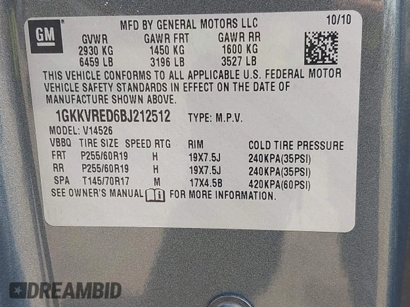 2011 GMC Acadia SLT1 with VIN 1GKKVRED6BJ212512, listed as a IAAI auction lot 42166347 with 116,513 mi miles. Bid and sale history available at carsss.com. Image 9.