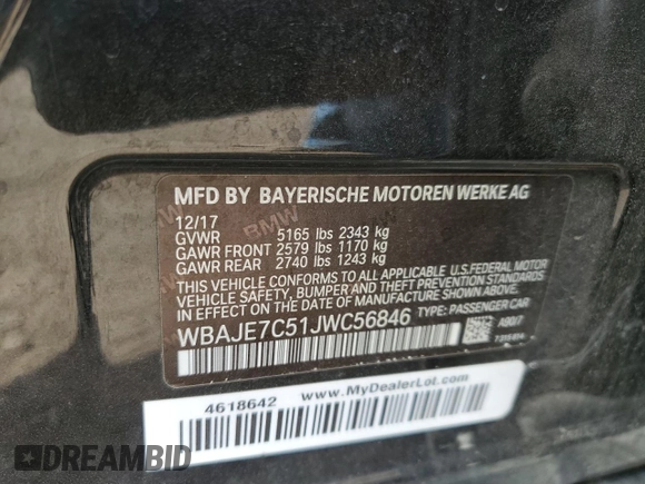 2018 BMW 5 Series 540i xDrive with VIN WBAJE7C51JWC56846, listed as a Copart auction lot 55692525 with Not provided miles and Salvage title. Bid and sale history available at DreamBid. Image 12.