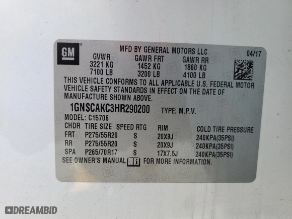 2017 Chevrolet Tahoe LS with VIN 1GNSCAKC3HR290200, listed as a Copart auction lot 48100575 with 78,332 mi miles and Salvage Title. Bid and sale history available at carsss.com. Image 13.