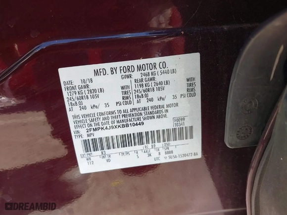 2019 Ford Edge SEL with VIN 2FMPK4J9XKBB10449, listed as a IAAI auction lot 41614536 with NaN miles. Bid and sale history available at carsss.com. Image 9.