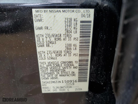 2018 Nissan Murano Platinum with VIN 5N1AZ2MG3JN150956, listed as a Copart auction lot 86761334 with 0 mi miles and Salvage Title. Bid and sale history available at carsss.com. Image 13.