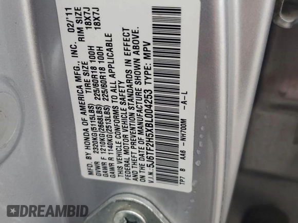2011 Honda Accord Crosstour EX-L with VIN 5J6TF2H5XBL004253, listed as a Copart auction lot 80669864 with 161,747 mi miles and Salvage Title. Bid and sale history available at carsss.com. Image 14.
