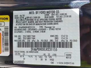 2020 Ford Fusion SE with VIN 3FA6P0HDXLR231155, listed as a IAAI auction lot 41925162 with 51,588 mi miles. Bid and sale history available at carsss.com. Image 9.