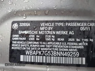 2011 BMW 3 Series 328i xDrive with VIN WBAPK7G53BNN49259, listed as a IAAI auction lot 41132387 with 135,398 mi miles. Bid and sale history available at carsss.com. Image 9.